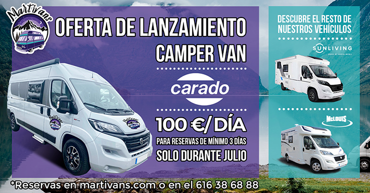 Ofertón de lanzamiento para julio. Reservando la camper 3 días o más, el día te sale a 100€.